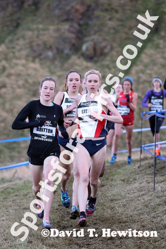 Fionnuala Britton and Gemma Steel lead the senior womens 6k BUPA Great Edinburgh Cross Country. Photo: David T. Hewitson/Sports for All Pics